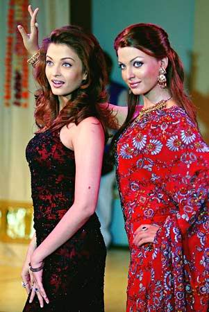 Bollywood superstar Aishwarya Rai with her wax model at Madame Tussauds in